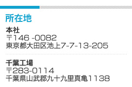 所在地本社〒141-0001東京都品川区北品川6-2-5-501千葉工場〒283-0114千葉県山武郡九十九里真亀1138